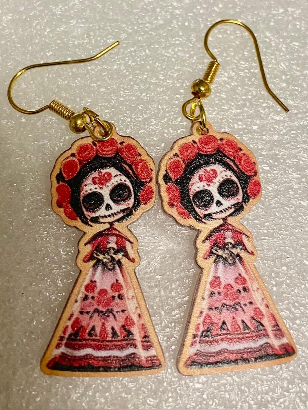 Handcrafted Red Sugar Skull Wood Drop Earrings
